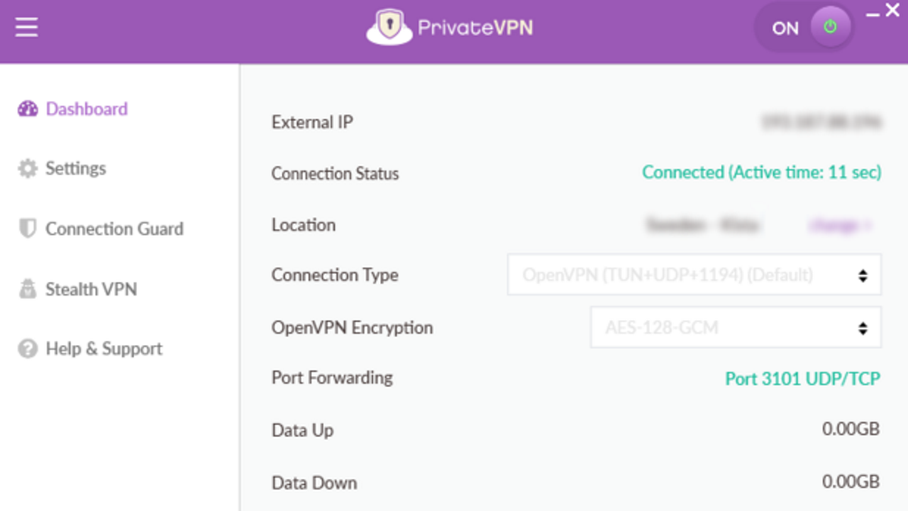 PrivateVPN’s detailed dashboard