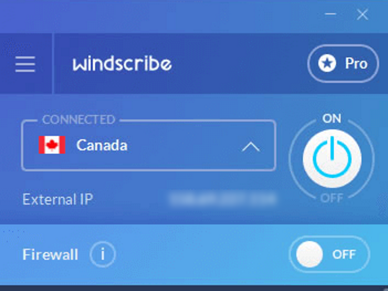 Windscribe’s delightfully simple interface with server drop-down menu