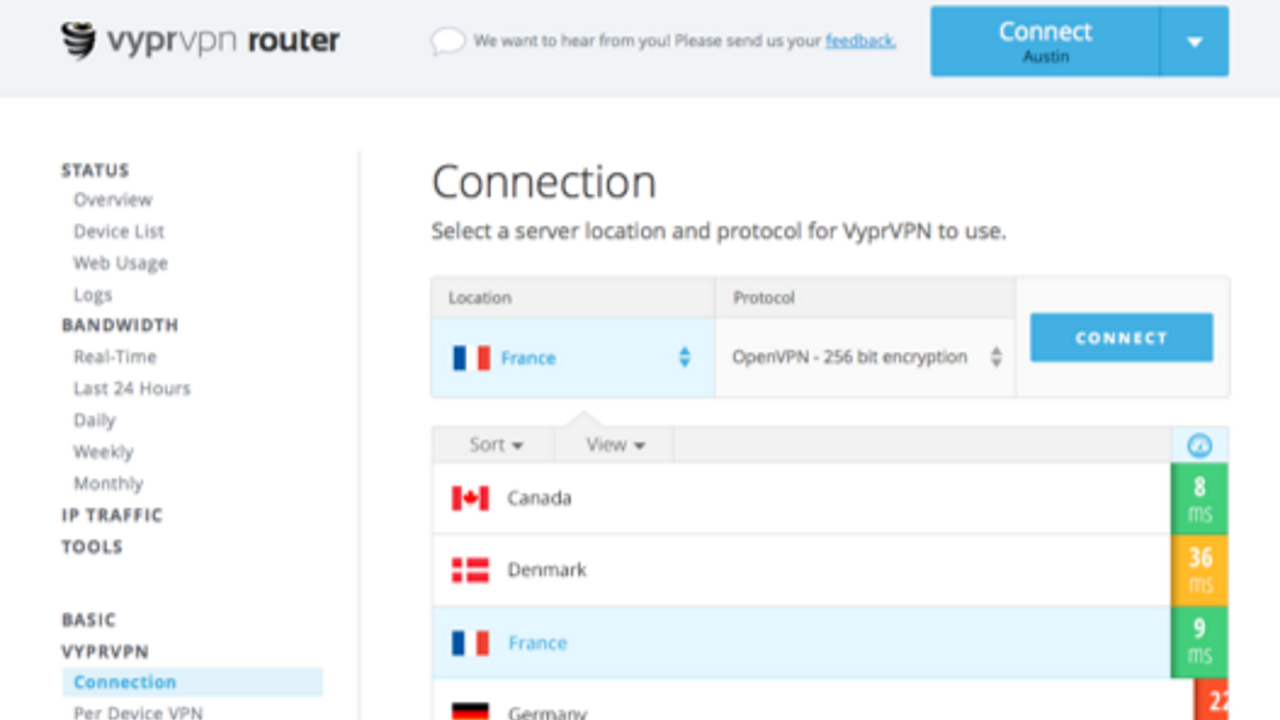 Screenshot of Vyper VPN connection panel on a windows computer